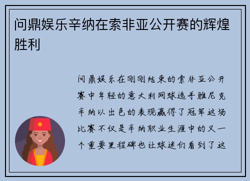 问鼎娱乐辛纳在索非亚公开赛的辉煌胜利