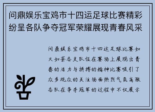 问鼎娱乐宝鸡市十四运足球比赛精彩纷呈各队争夺冠军荣耀展现青春风采