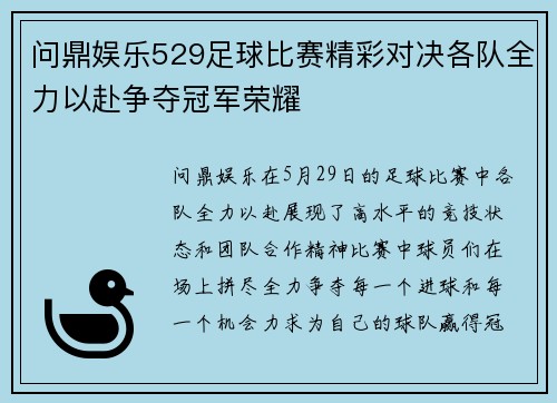 问鼎娱乐529足球比赛精彩对决各队全力以赴争夺冠军荣耀