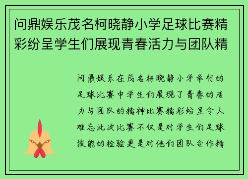 问鼎娱乐茂名柯晓静小学足球比赛精彩纷呈学生们展现青春活力与团队精神